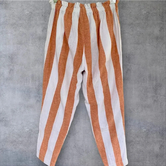 BeachLunchLounge Linen Blend Lagenlook Paperbag Pants Size S Brown White Stripes - Picture 2 of 13